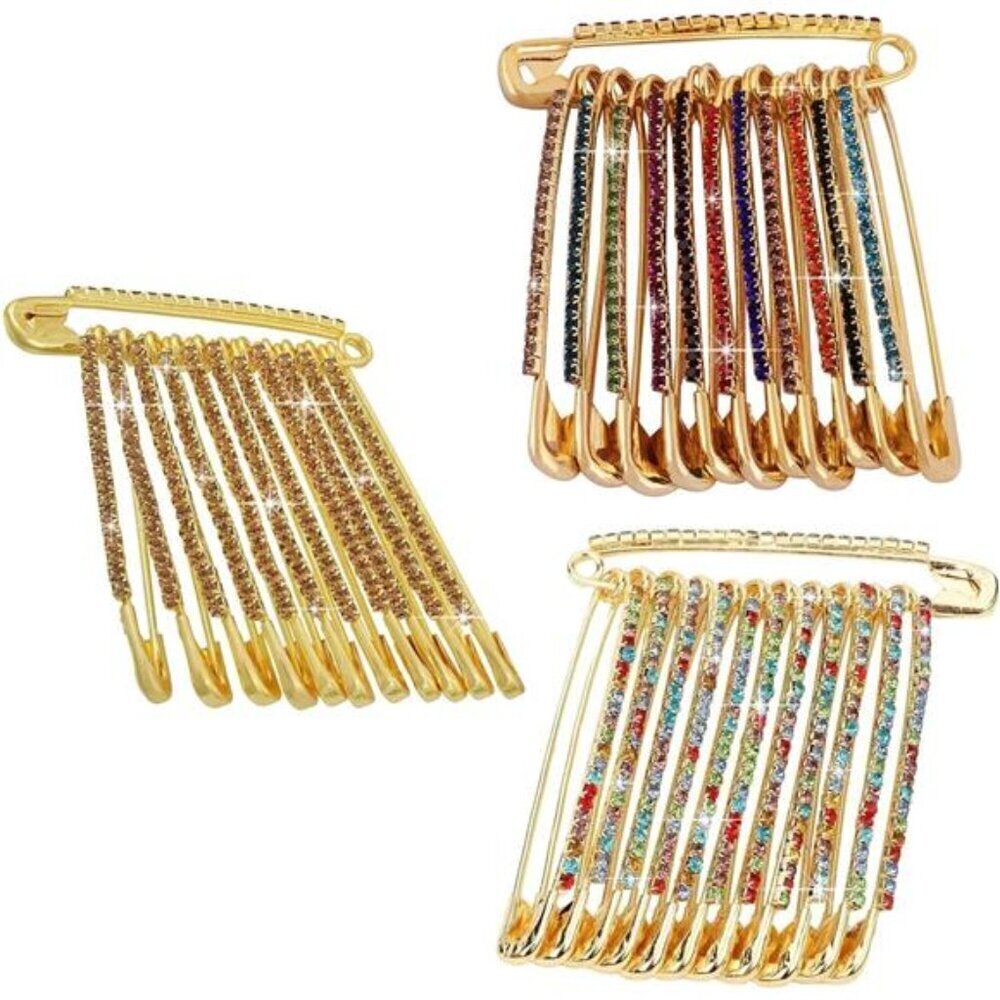 Rhinestone Safety Pin Set 3 Packs of 12 Decorative Sparkly Safety Pin for Clot